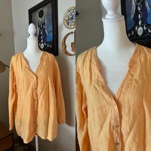Eileen Fisher Peach orange 1x Woman Irish Linen button front loose blouse top